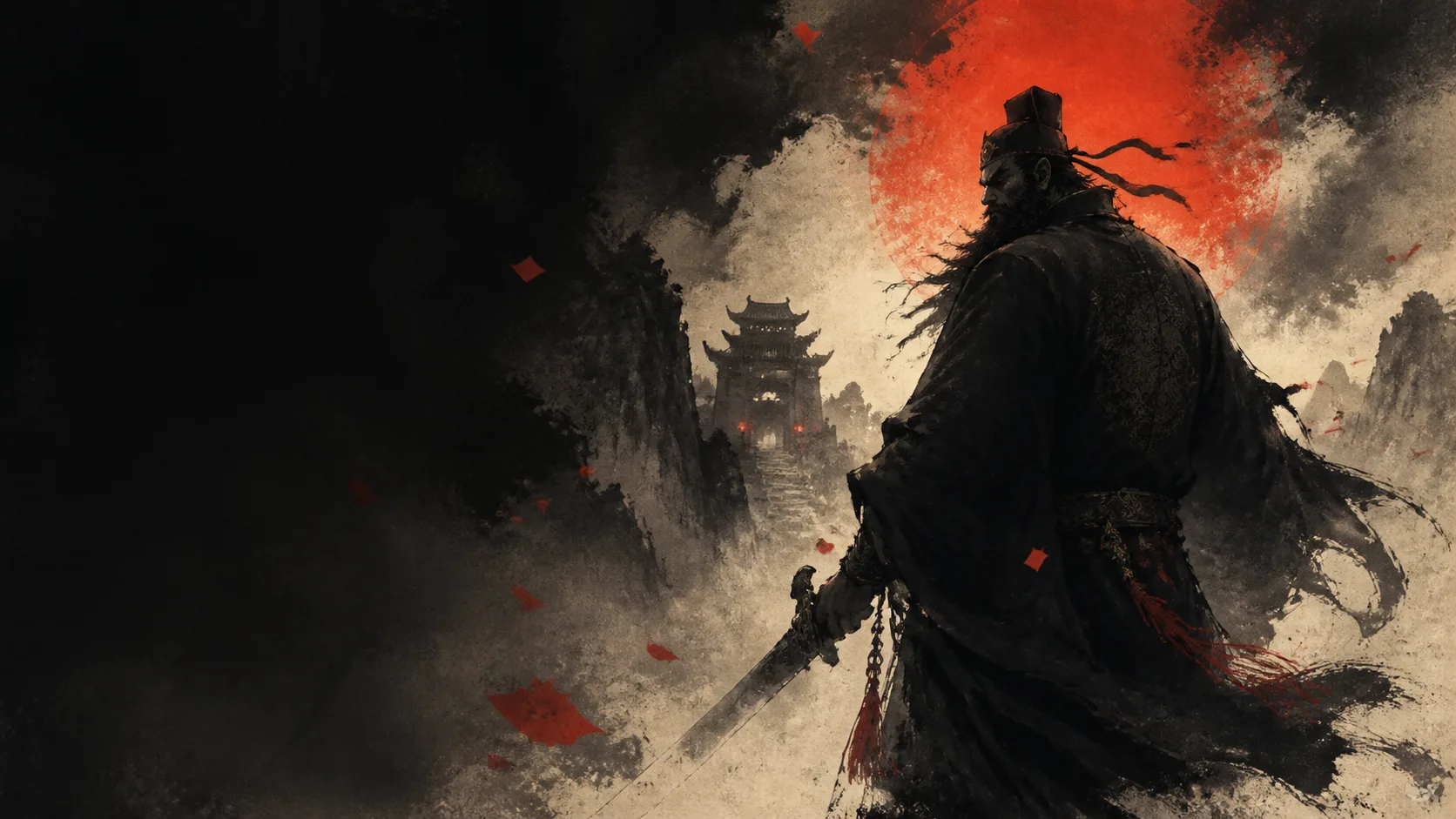Original ink-style editorial illustration of the folkloric guardian Zhong Kui